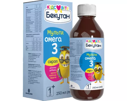 Бекутан Кідс Вітс Мультиомега-3, сироп зі смаком тропічних фруктів, флакон 250 мл | интернет-аптека Farmaco.ua