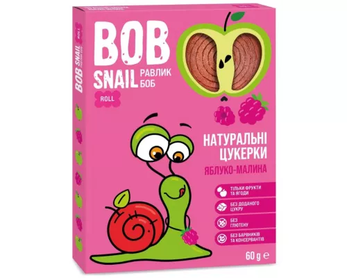 Bob Snail, цукерки натуральні, з яблуком та малиною, 60 г | интернет-аптека Farmaco.ua