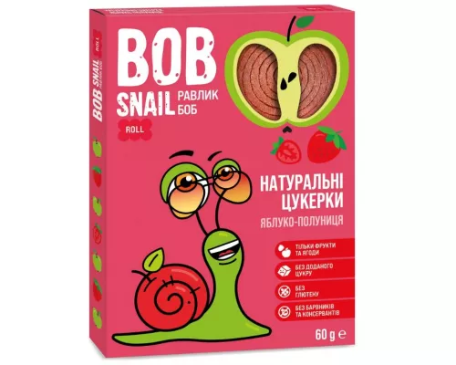 Bob Snail, цукерки натуральні, з яблуком та полуницею, 60 г | интернет-аптека Farmaco.ua