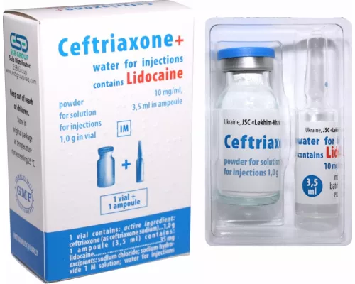 Цефтріаксон, порошок для розчину для ін'єкцій, 1 г, №1 + Лідокаїн, розчин для ін'єкцій, ампули 3.5 мл, 10 мг/мл, №1 | интернет-аптека Farmaco.ua