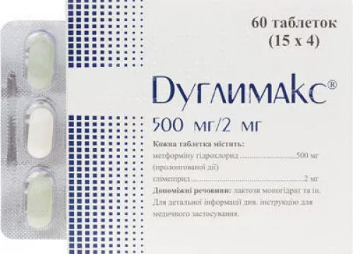 Дуглимакс®, таблетки, 500 мг/2 мг, №60 (15х4) | интернет-аптека Farmaco.ua