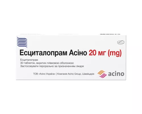 Эсциталопрам Асино, таблетки покрытые оболочкой, 20 мг, №30 (10х3) | Farmaco.ua Эсциталопрам Асино, таблетки покрытые оболочкой, 20 мг, №30 (10х3) | интернет-аптека Farmaco.ua