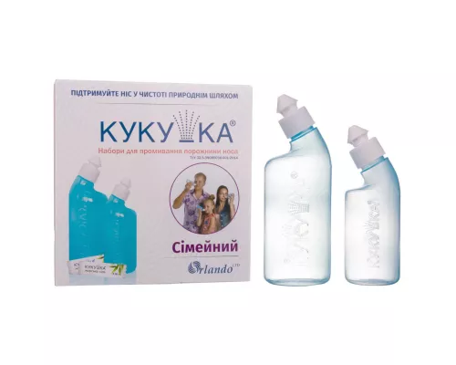 Кукушка Сімейний, набір для промивання носа, флакон 120 мл + флакон 240 мл + пакет з морською сіллю 40 штук | интернет-аптека Farmaco.ua