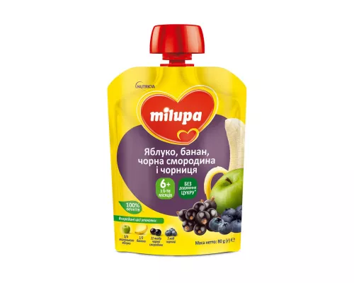 Milupa, пюре яблуко/банан/чорна смородина/чорниця, з 6 місяців пауч 80 г | интернет-аптека Farmaco.ua