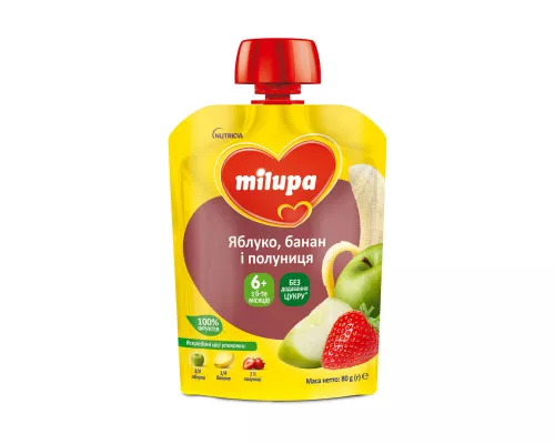 Milupa, пюре яблуко/банан/полуниця, з 6 місяців пауч 80 г | интернет-аптека Farmaco.ua