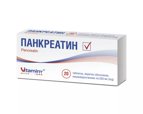 Панкреатин, таблетки покрытые оболочкой кишечнорастворимые, 0.25 г, №20 (10х2) | интернет-аптека Farmaco.ua