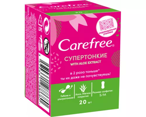 Carefree Aloe, прокладки щоденні, утра тонкі в індивідуальній упаковці, №20 | интернет-аптека Farmaco.ua
