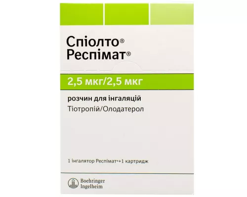 Спиолто Респимат, раствор для ингаляций, картридж 4 мл, 2.5 мкг/2.5 мкг, 60 ингаляций | интернет-аптека Farmaco.ua