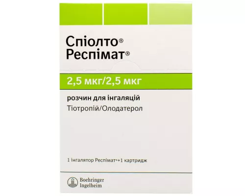 Спіолто Респімат, розчин для інгаляцій, картридж 4 мл, 2.5 мкг/2.5 мкг, 60 інгаляцій | интернет-аптека Farmaco.ua