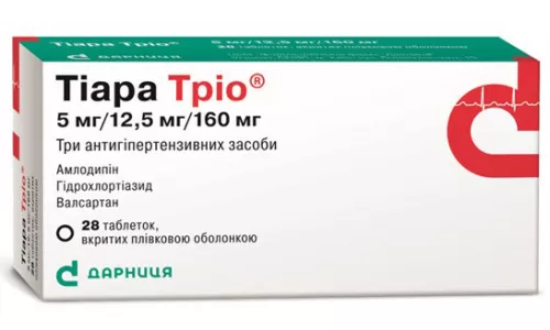 Тіара Тріо, таблетки вкриті плівковою оболонкою, 5 мг/12.5 мг/160 мг, №28 (7х4) | интернет-аптека Farmaco.ua