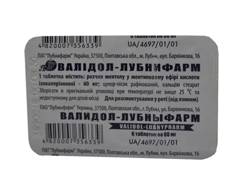 Валидол, таблетки, 0.06 г, №6 | интернет-аптека Farmaco.ua