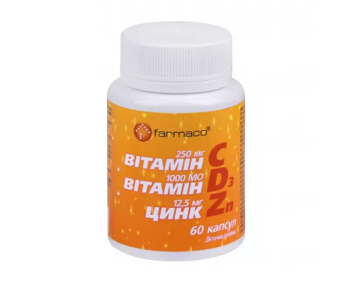 Вітамін С, 250 мг + Д3, 1000 МО + Цинк, капсули 12.5 мг, №60 | интернет-аптека Farmaco.ua