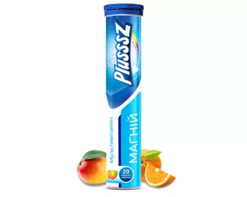 Вітаміни Plusssz, магній + мультивітамін, апельсин/манго, таблетки шипучі, 4.3 г, №20 | интернет-аптека Farmaco.ua